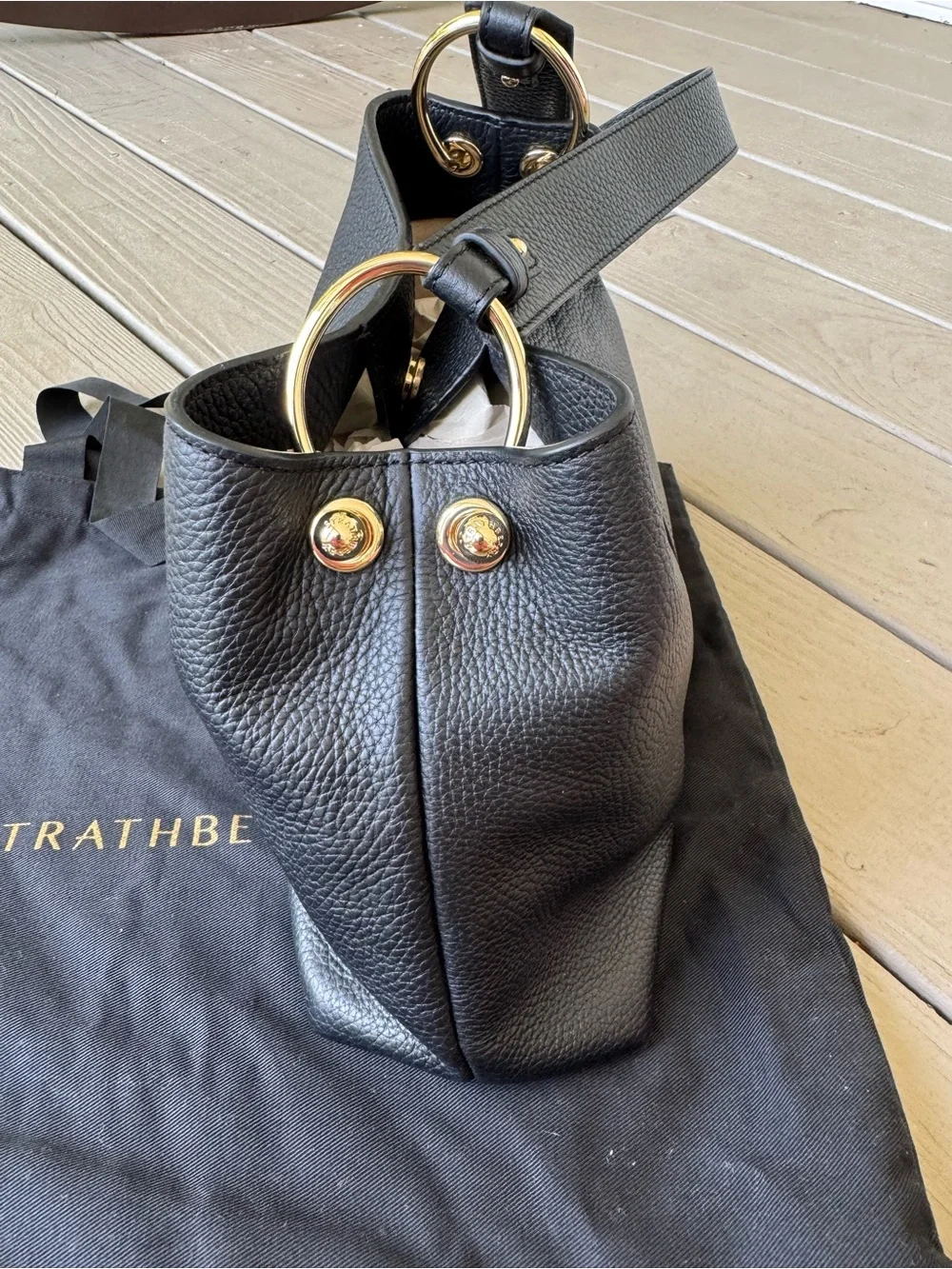 Strathberry Black Pebbled Leather Shoulder Hobo with Gold Hardware